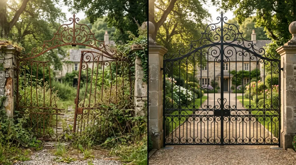 Professional Mobile Welding Services in Houston – Encore Landscapes Brings the Shop to You 1 Before and after mobile welding repair of a wrought-iron gate in Houston